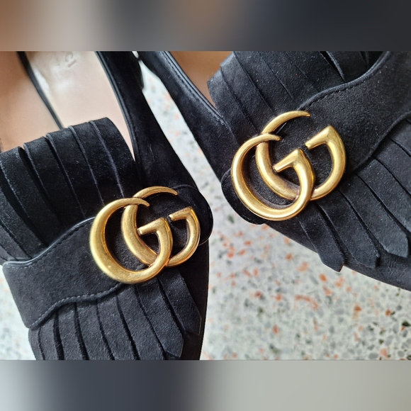 Gucci Marmont Suede Fringe GG Logo‎ Loafer Pumps - Picture 4 of 17